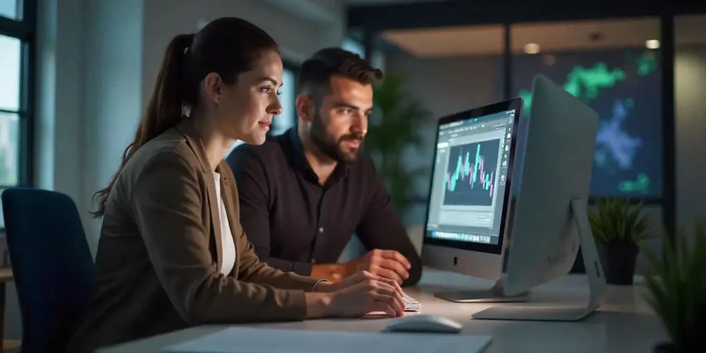 profissionais trabalhando no computador para ilustrar texto de gráfico de gantt ms project