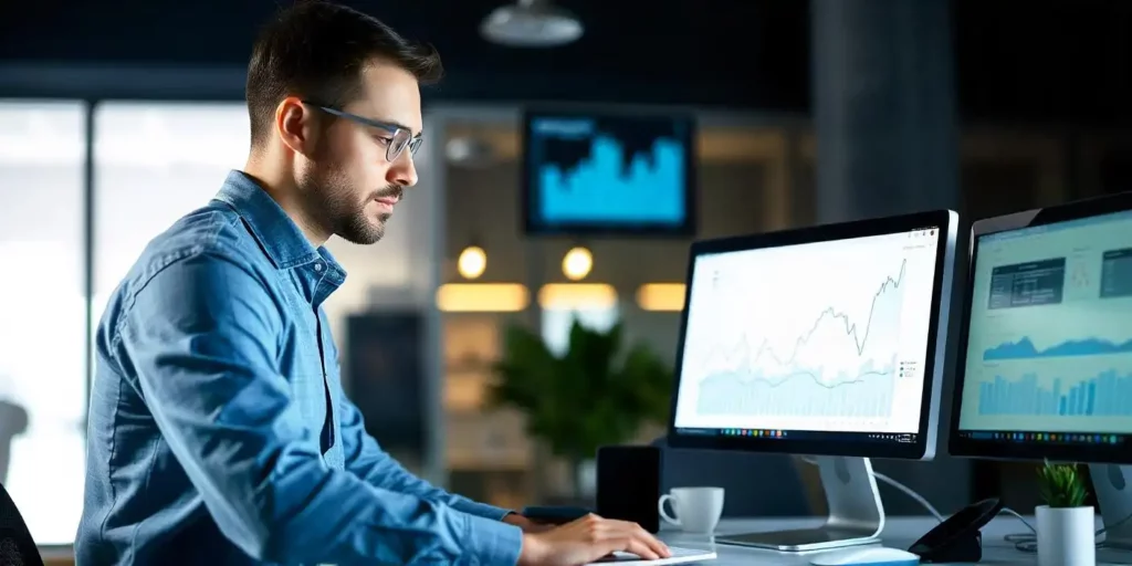 gestor olhando gráficos em um computador para ilustrar texto sobre otimização de processos