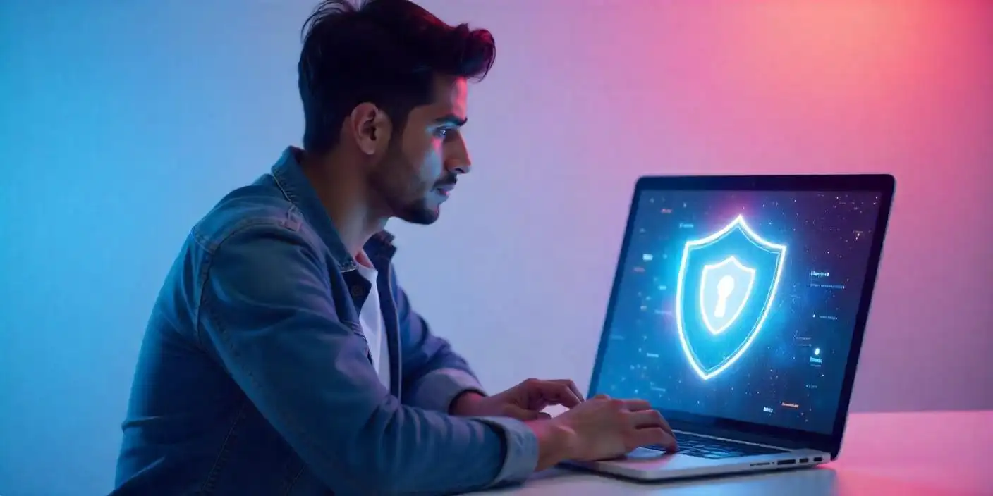 homem trabalhando em um notebook com símbolo de segurança para ilustrar texto de proteção de sites