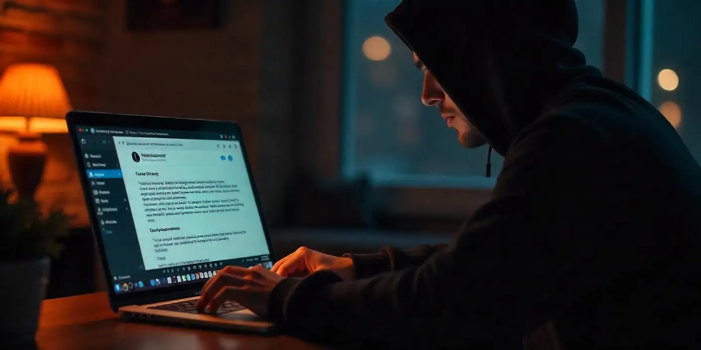 cibercriminoso usando notebook para ilustrar texto sobre campanha de phishing