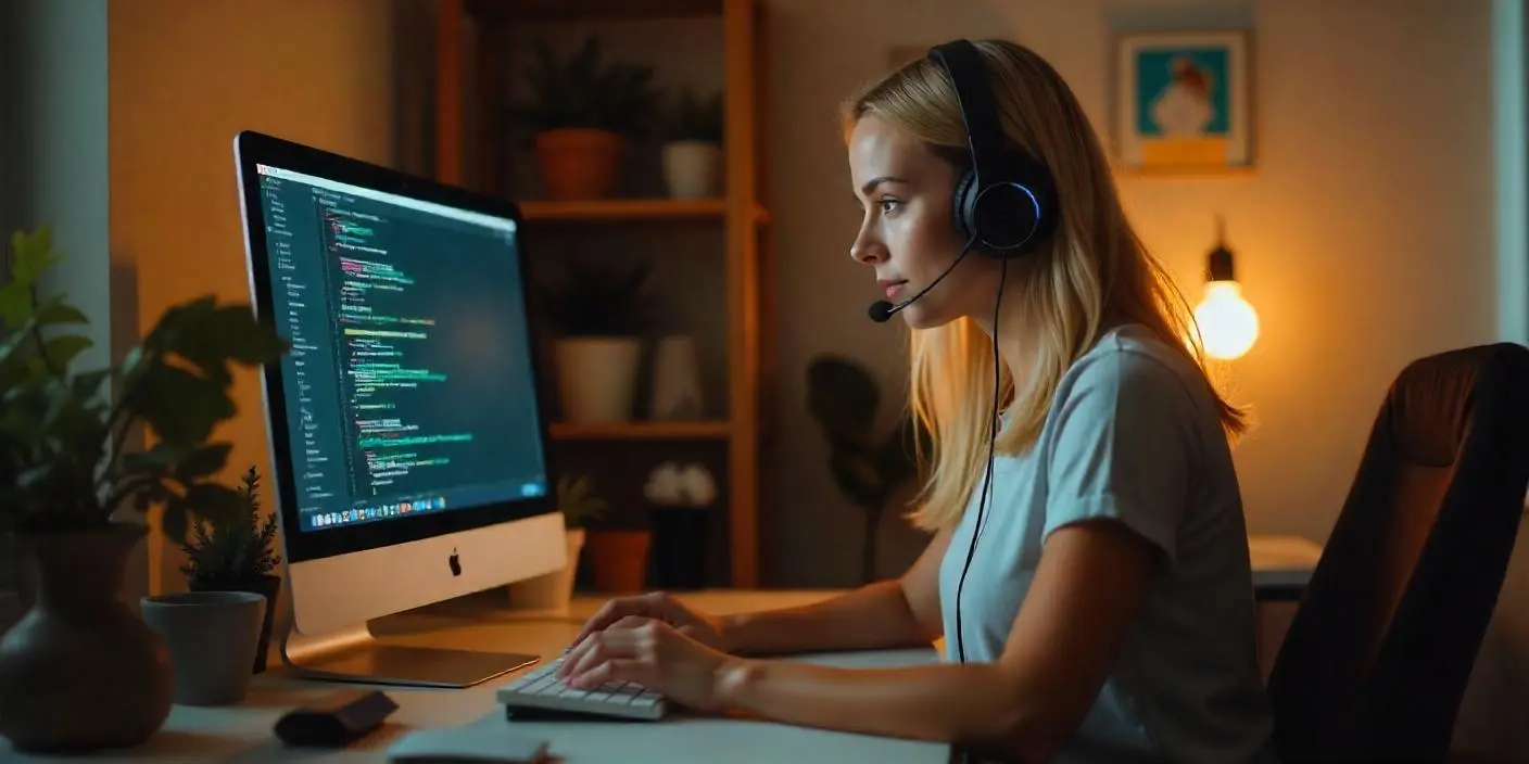 mulher loira criando código com IA, para ilustrar texto sobre inteligência artificial generativa